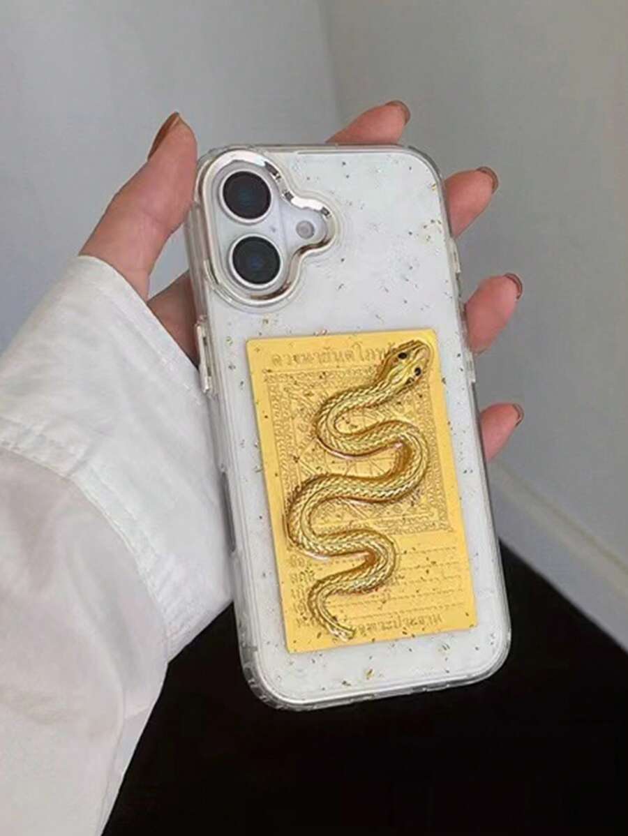 高端民族风透明滴胶金箔蛇纹软手机壳兼容Iphone 16 Pro Max / 16 Pro / 16 / 15 / 14 / 13 / 12 / 14 Pro Max，13 Pro保护套 - 無色 - 查看 1