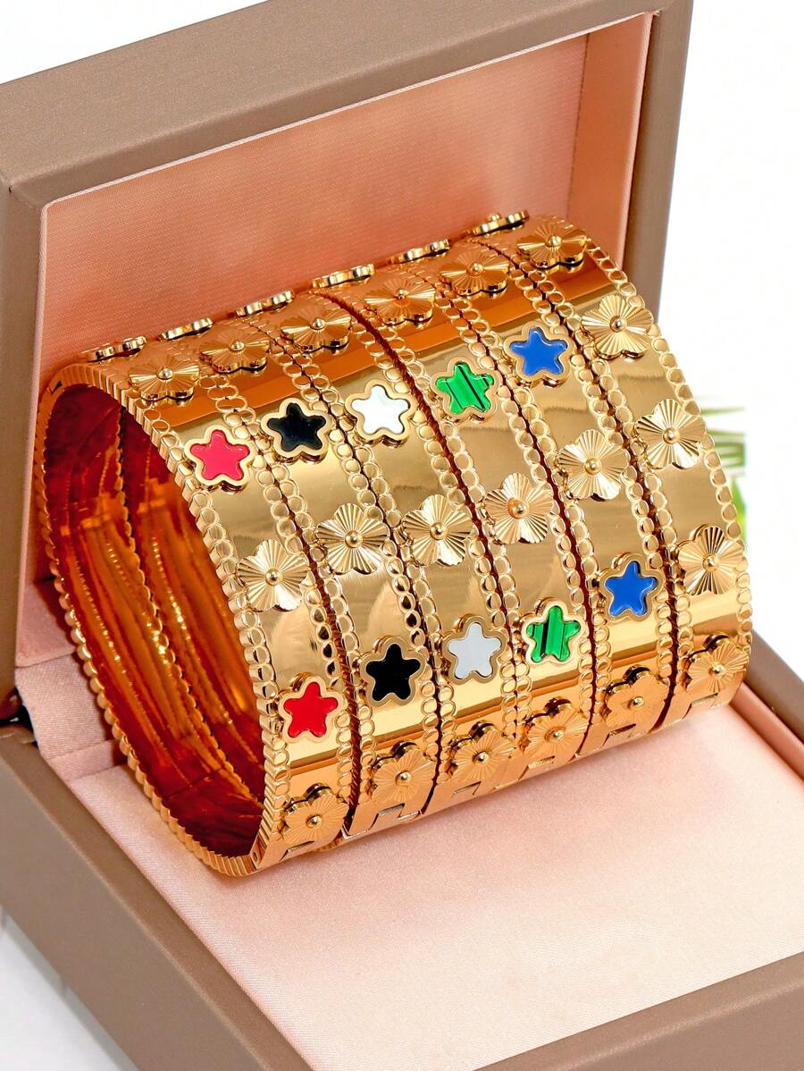 1 件 18K 镀金防水不锈钢花卉手镯，时尚欧美风格植物设计，适合女性派对、日常穿着、休闲街头、生日、婚礼、伴娘礼物 - 彩色 - 查看 1