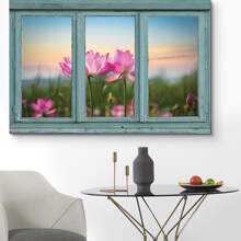 1PC With Frame - Vintage Blue-Green Window Looking Out To A Lotus Field - Canvas Art Home Art - Suitable For Bedroom Living Room Dining Room Bathroom Study Office Apartment Coffee Shop Hotel Nursery Wall Decoration