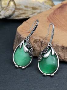 1 Cặp Hoa tai đá mắt mèo hình giọt nước xanh cổ điển dành cho nữ - màu xanh lá - Xem 2