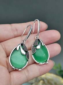 1 Cặp Hoa tai đá mắt mèo hình giọt nước xanh cổ điển dành cho nữ - màu xanh lá - Xem 3