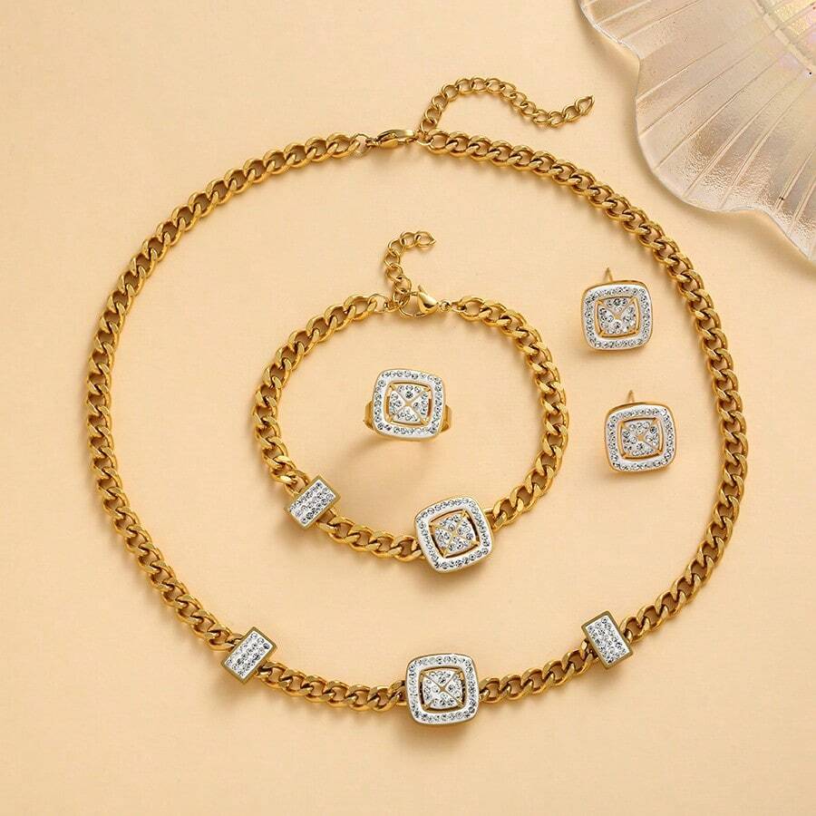 5 件/套 18K 镀金不锈钢，高端优雅钻石镶嵌，珠宝套装适合节日和生日礼物。晚餐时佩戴 - 金色 - 查看 1