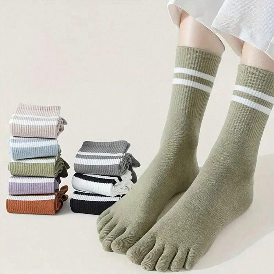 Striped Toe Socks / Simple & Comfortable Mid-Calf Toe Socks - Multicolor - View 1