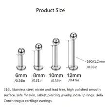 10件装 16G 不锈钢唇钉 耳骨钉 耳廓钉 肚脐钉 耳屏钉 身体饰品 6-12mm - 銀色 - 查看 2