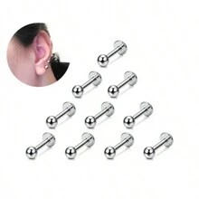 10件装 16G 不锈钢唇钉 耳骨钉 耳廓钉 肚脐钉 耳屏钉 身体饰品 6-12mm - 銀色 - 查看 5