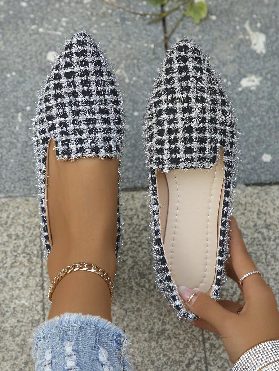 女士尖头休闲花纹平底鞋，新款秋季户外日常休闲鞋，时尚帆布软底驾车鞋，百搭平底鞋