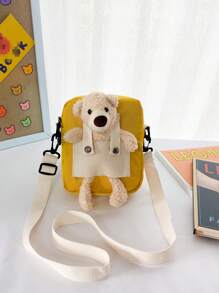 1 件时尚可爱儿童宝宝卡通可爱熊男孩女孩休闲斜挎包尼龙布百搭装饰零钱包，斜挎包配毛绒卡通熊装饰，可调节肩带，拉链开合，适合男孩女孩日常外出，多个口袋，手机钱包，零食，赠送朋友 - 小熊斜背包 - 查看 15