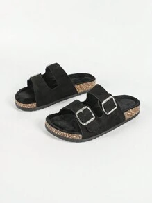 Large Nouvelles mules noires moelleuses, casual pour l'intérieur/extérieur, utilisation en vacances à la plage, mules femmes souples et duveteuses à texture de liège