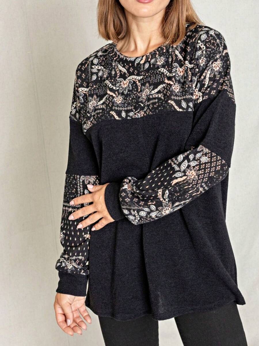 Boho Retro 90's Vintage Checkered Solid Tie Dye V Stich Pink Mustard Blue Brown Raglan Drop Shoulder Knit Top Cool Tunic Sweatshirt Pullover - màu đen - Xem 1