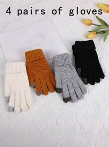4 Pairs Of Thermal Lined, Thickened Warm Gloves, Windproof Ski Gloves For Both Boys And Girls Boy's And Girl's Autumn And Winter Korean Version Of The Popular Adult Brushed Thickened Reverse Needle Jacquard Gloves - Multicolor - View 1