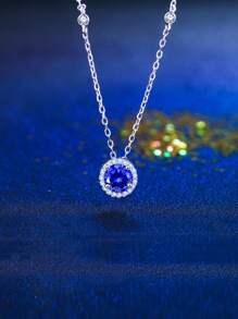 Dây chuyền tròn đính đá Tanzanite xanh và Cubic Zirconia nguyên chất từ bạc Sterling 925 dành cho mẹ và bạn thân, trang sức cao cấp, quà tặng lễ hội Giáng sinh năm mới - Màu xanh lam - Xem 4