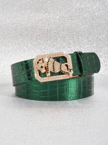 1 条新款绿牛闪亮鳄鱼纹理街头风格 PU 皮革女士腰带，适合牛仔裤、热裤、连衣裙，时尚欧美街头风格设计，适合通勤和日常穿着 - 綠色 - 查看 1