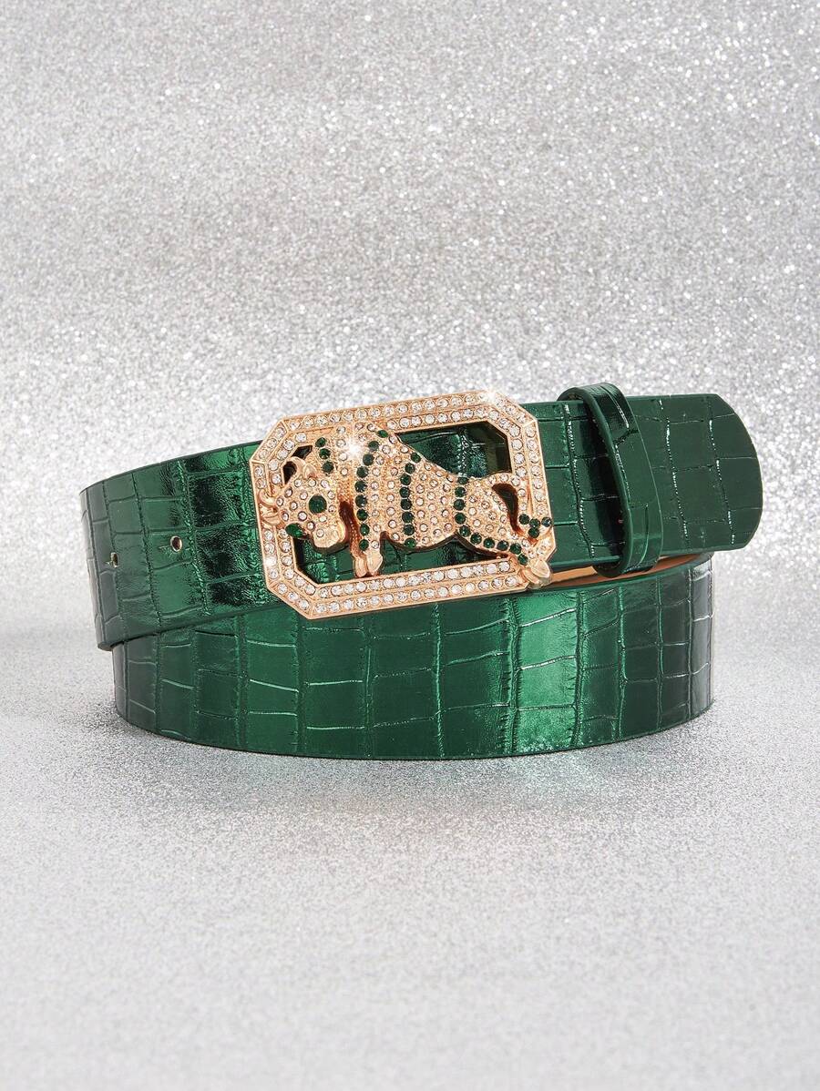 1 条新款绿牛闪亮鳄鱼纹理街头风格 PU 皮革女士腰带，适合牛仔裤、热裤、连衣裙，时尚欧美街头风格设计，适合通勤和日常穿着 - 綠色 - 查看 1