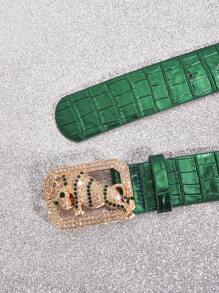 1 条新款绿牛闪亮鳄鱼纹理街头风格 PU 皮革女士腰带，适合牛仔裤、热裤、连衣裙，时尚欧美街头风格设计，适合通勤和日常穿着 - 綠色 - 查看 4