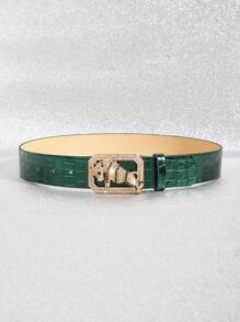 1 条新款绿牛闪亮鳄鱼纹理街头风格 PU 皮革女士腰带，适合牛仔裤、热裤、连衣裙，时尚欧美街头风格设计，适合通勤和日常穿着 - 綠色 - 查看 2