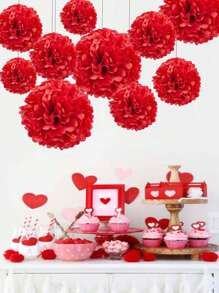 12pcs Christmas Party Decorative Paper Flower Balls, Red Paper Lanterns, Birthday Party Background Decor Ornaments, Suitable For Christmas, Valentine's Day, New Year Holidays, Anniversary, Wedding Decoration