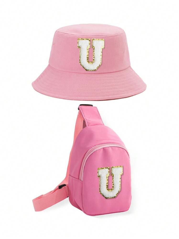 2 件儿童字母渔夫帽，时尚简约遮阳帽，配有单肩斜挎包，适合男孩和女孩返校节。 - 粉色 - 查看 22