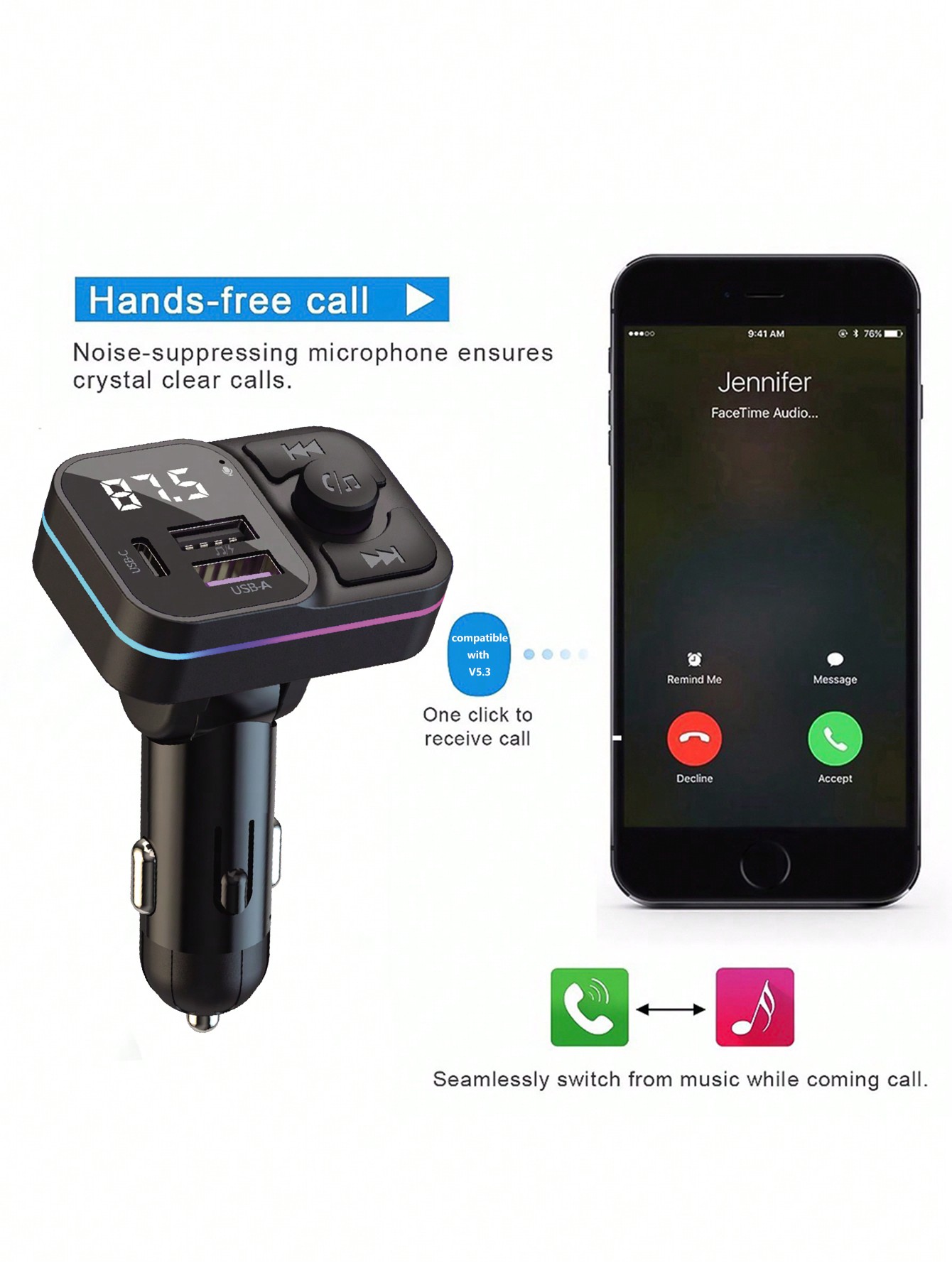 مشغل MP3 لاسلكي وشاحن سيارة متعدد USB 3.1A مع أضوا...