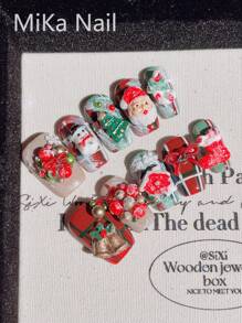 10 件圣诞格子短方形假指甲带 3D 圣诞老人铃铛、圣诞花环、雪人、红色蝴蝶结、驯鹿装饰假指甲，手工美甲配件，适合秋冬季 - 彩色 - 查看 1