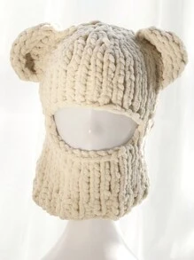 1pc Abby-Style Face Mask With Bear Ears Knitted Lined Ear Warmer Hood Knit Beanie, Warm For Autumn/Winter Winter Christmas Beanie Hat - 1pcs - View 3