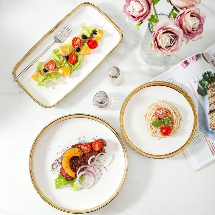 4 piezas Platos cerámicos, Plato para ensalada de 10/8 pulgadas, Plato para pasta con borde dorado hecho en casa, Plato para postres y aperitivos, Juego de platos de cerámica para comedor, Regalo de Navidad - Dorado - Añade 9