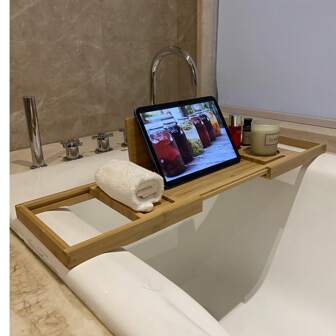 1x uitbreidbaar bamboe badblad, geschikt voor tablet, boeken, telefoon, wijnrek, geschikt voor tablets tot 11 inch