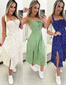 Women's Floral Dress With Slit Summer  2025 - 藍色 - 查看 2