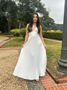 Long Pleated Dress With V-Neck Straps, Elegant Look - 白色 - 查看 2