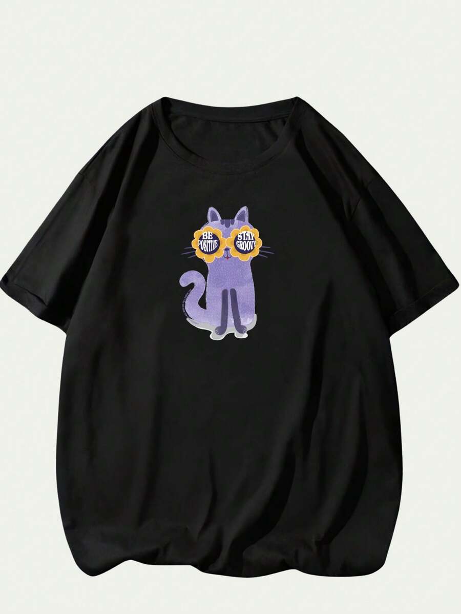 Cartoon T-Shirt Cotton Cute Animal Style Men's Blouse T-Shirt Comfort Premium Printed Breathable Elegant - 黑色 - 查看 1