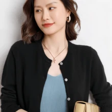 Cárdigan de punto para mujer, cárdigan con botones de color sólido para primavera y otoño, suéter de punto con cuello redondo - Negro - Ver 7