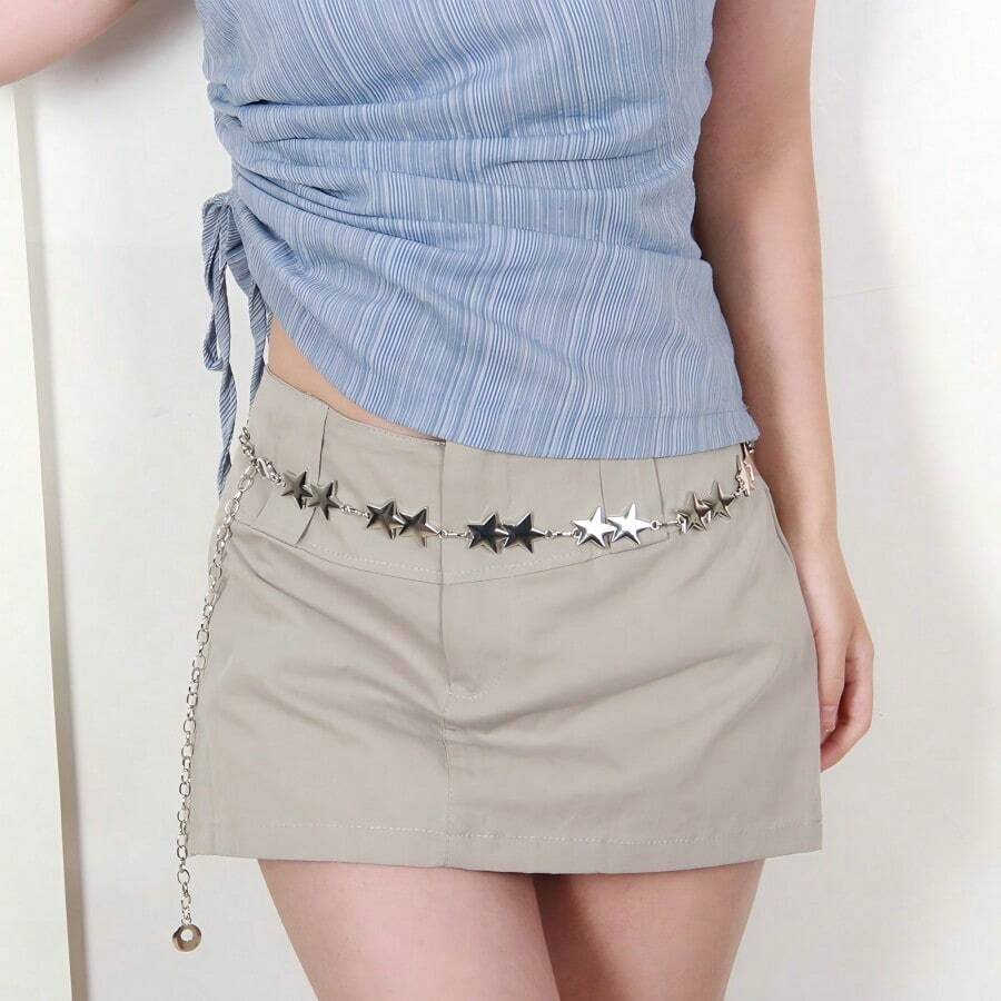 Dainty Japanese Style Star Metallic Thin Waist Chain, Decorative Versatile Belt For Dresses