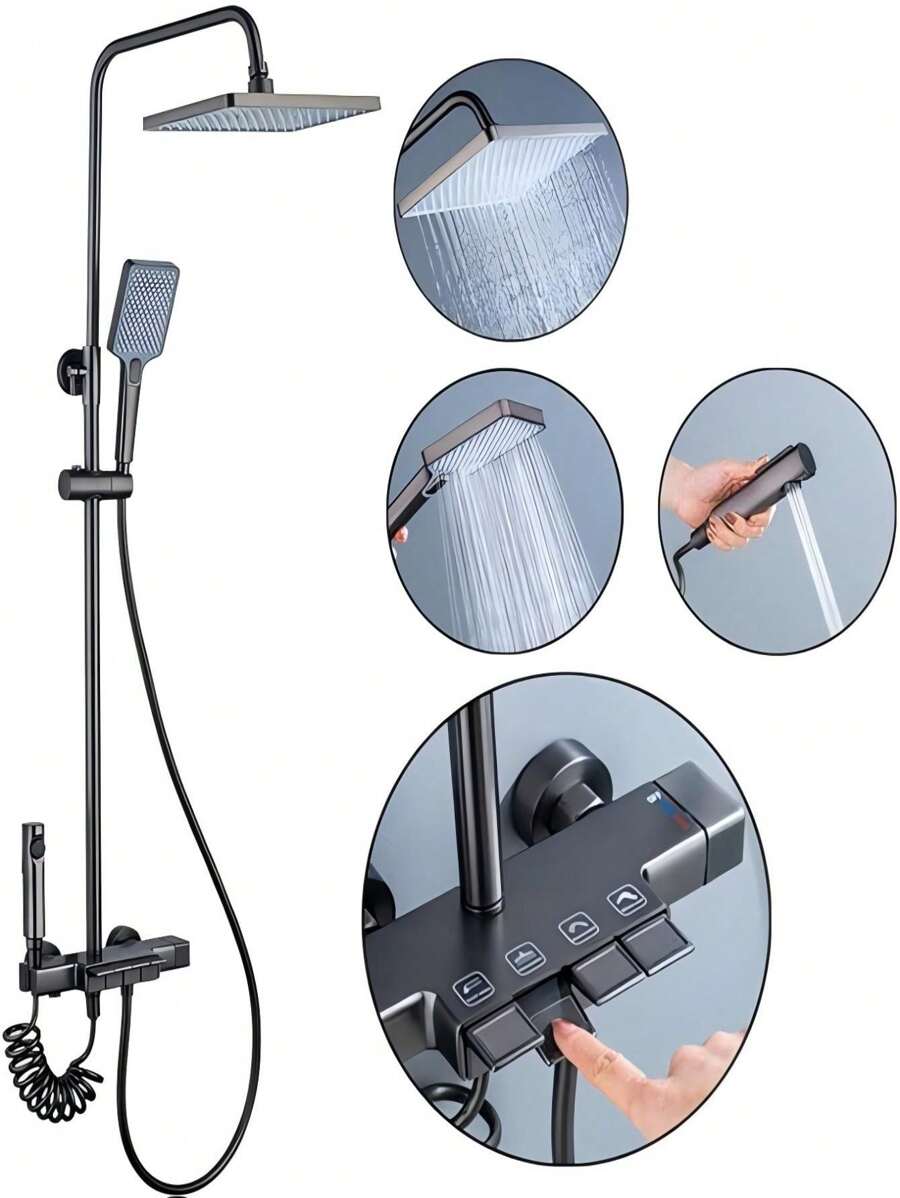 Kit de chuveiro de chuva Waterfall 4 em 1, alavanca única e telefone, cor preta