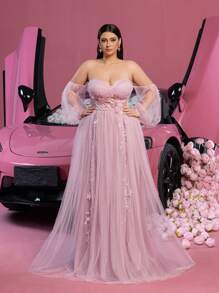 Faeriesty Plus Applique Embellished Off Shoulder Sheer Lantern Sleeves Tulle Prom Dress, Party Dress, Wedding Guest Dress - Pink - View 7