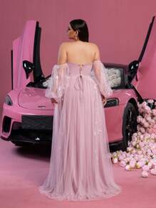 Faeriesty Plus Applique Embellished Off Shoulder Sheer Lantern Sleeves Tulle Prom Dress, Party Dress, Wedding Guest Dress - Pink - View 3