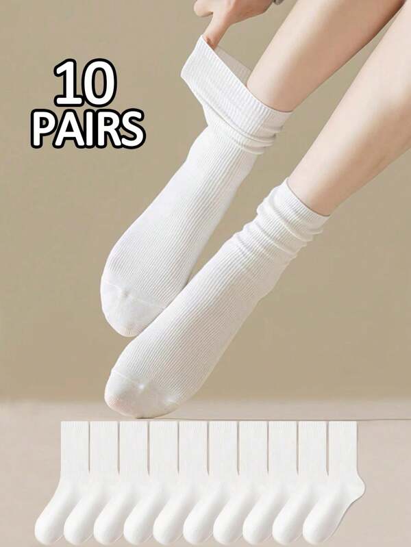 10 Pairs Women's Crew Socks, White, Casual & Fashionable, Versatile For All Season, Soft & Comfortable, Moisture Wicking