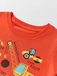 1 pezzo Maglietta in cotone a maniche corte con collo rotondo, stampa di escavatore a cartone animato per ragazzo, casual streetwear, moda primavera/estate