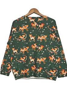 Rundhals-Pullover mit digitalen Drucken, grüner Pullover mit Weihnachtsreh-Muster, modischer leichter Lässig-Pullover mit Allover-Muster, Herbst/Winter