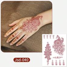 高品质时尚防水临时人体艺术指甲花风格 Mehndi 纹身贴纸，栗红色性感手指纹身贴纸，适合女性 - 彩色 - 查看 6