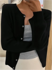 Cárdigan de punto para mujer, cárdigan con botones de color sólido para primavera y otoño, suéter de punto con cuello redondo - Negro - Ver 5