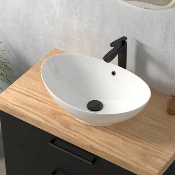 Premium Waschbecken Oval mit Lotus-Effekt - Aufsatzwaschbecken für Badezimmer Gäste WC mit Überlauf ca. 60 cm Breit