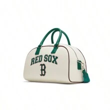 MLB Boston Red Sox Casual Fashionable Commuting Synthetic Leather Bowling Bag Crossbody Shoulder Handbag Gym Bag Travel Bag Swimsuit Bag, Large Size, Unisex Couple Style, Cream Color