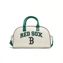MLB Boston Red Sox Casual Fashionable Commuting Synthetic Leather Bowling Bag Crossbody Shoulder Handbag Gym Bag Travel Bag Swimsuit Bag, Large Size, Unisex Couple Style, Cream Color
