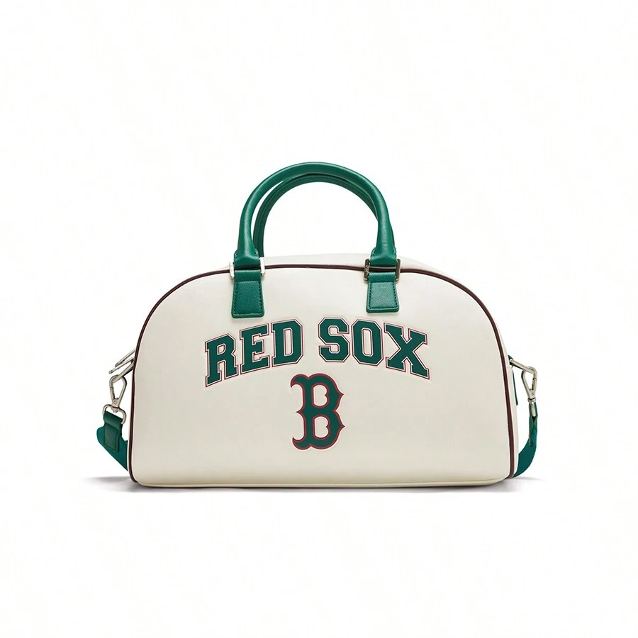 MLB Boston Red Sox Casual Fashionable Commuting Synthetic Leather Bowling Bag Crossbody Shoulder Handbag Gym Bag Travel Bag Swimsuit Bag, Large Size, Unisex Couple Style, Cream Color