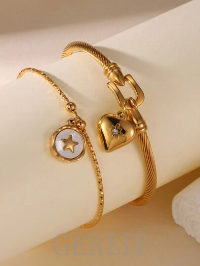 GEREIT 1 pieza Pulsera de acero inoxidable de 18k con colgante de corazón y pentágono, adecuada para uso diario para mujeres, San Valentín, mamá, madre, Día de la Madre, regalo