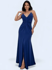 Vestido Feminino Longo Festa alças brilho festa debutante com fenda - Azul Marinho - Visão 2