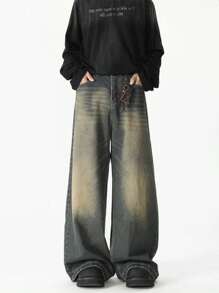 1 pieza Pantalones vaqueros anchos y versátiles con efecto desgastado vintage y lavado para hombre