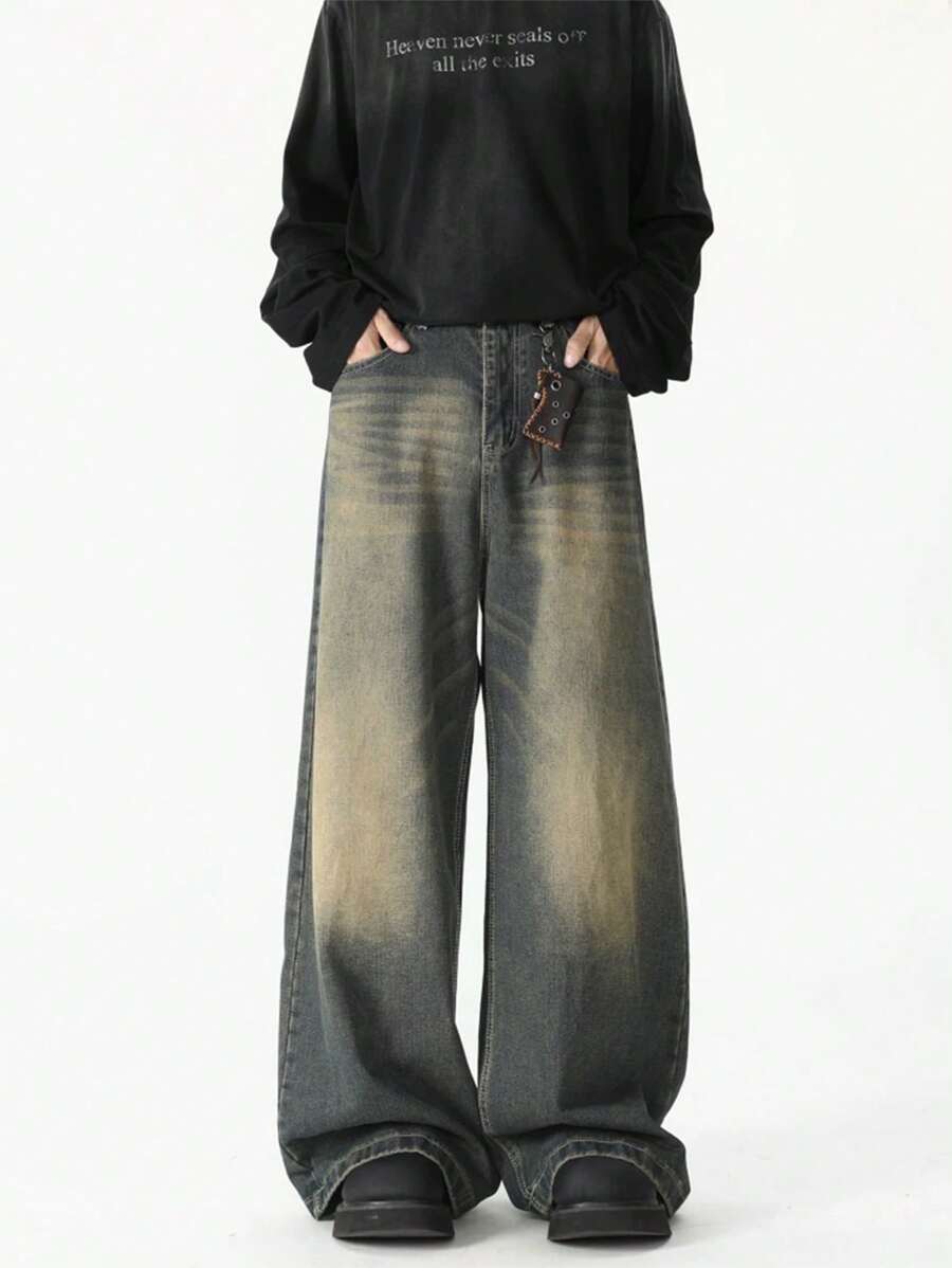 1 pieza Pantalones vaqueros anchos y versátiles con efecto desgastado vintage y lavado para hombre