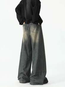 1 pieza Pantalones vaqueros anchos y versátiles con efecto desgastado vintage y lavado para hombre