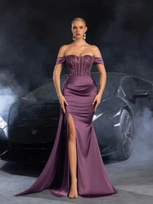 Faeriesty 优雅女士露肩亮片正式晚礼服，适合出席舞会、盛会、颁奖典礼、高级时装秀等场合。 - 紫色 - 查看 5
