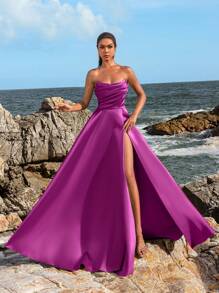 Faeriesty Đầm dạ hội nữ thanh lịch xếp ly, xẻ tà cao - Trang phục trang trọng mùa xuân/hè, phù hợp cho đám cưới, dạ hội, thảm đỏ, tiệc tùng, khách mời đám cưới, kỳ nghỉ hè. - Màu tím hoa cà - Xem 8